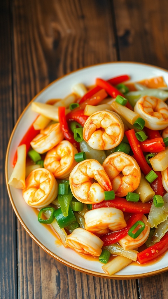 Shrimp and cabbage stir-fry with shrimp, cabbage, and bell peppers on a rustic wooden table.